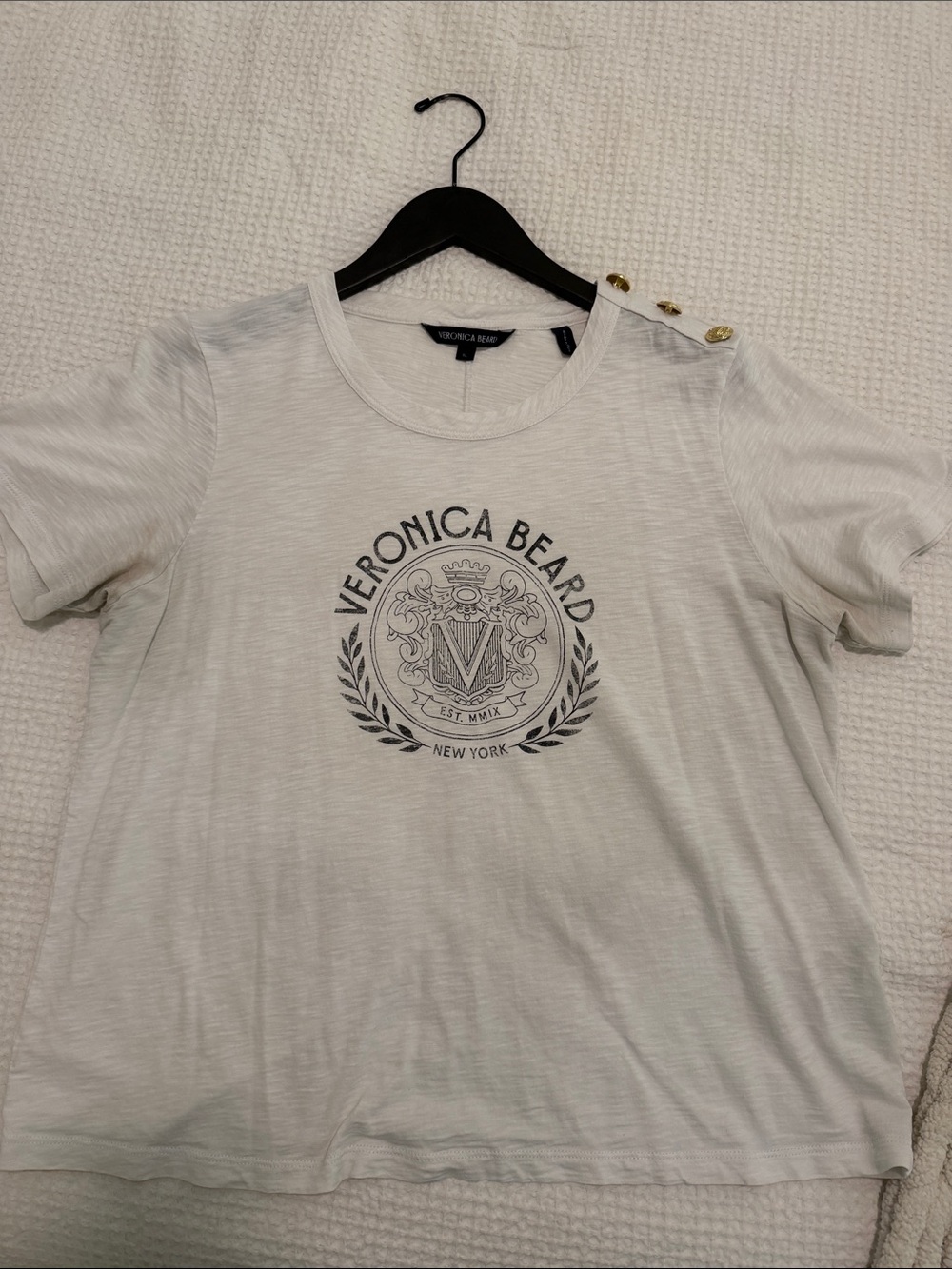 Veronica Beard White Short-Sleeve Logo Tee with Gold Shoulder Buttons